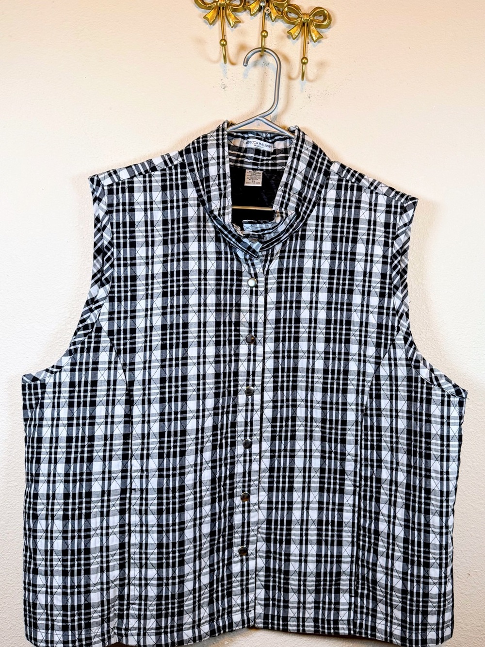 Rebecca Malone Black/White Y2K Vintage Plaid Sleeveless Snap Front Vest Size 3X